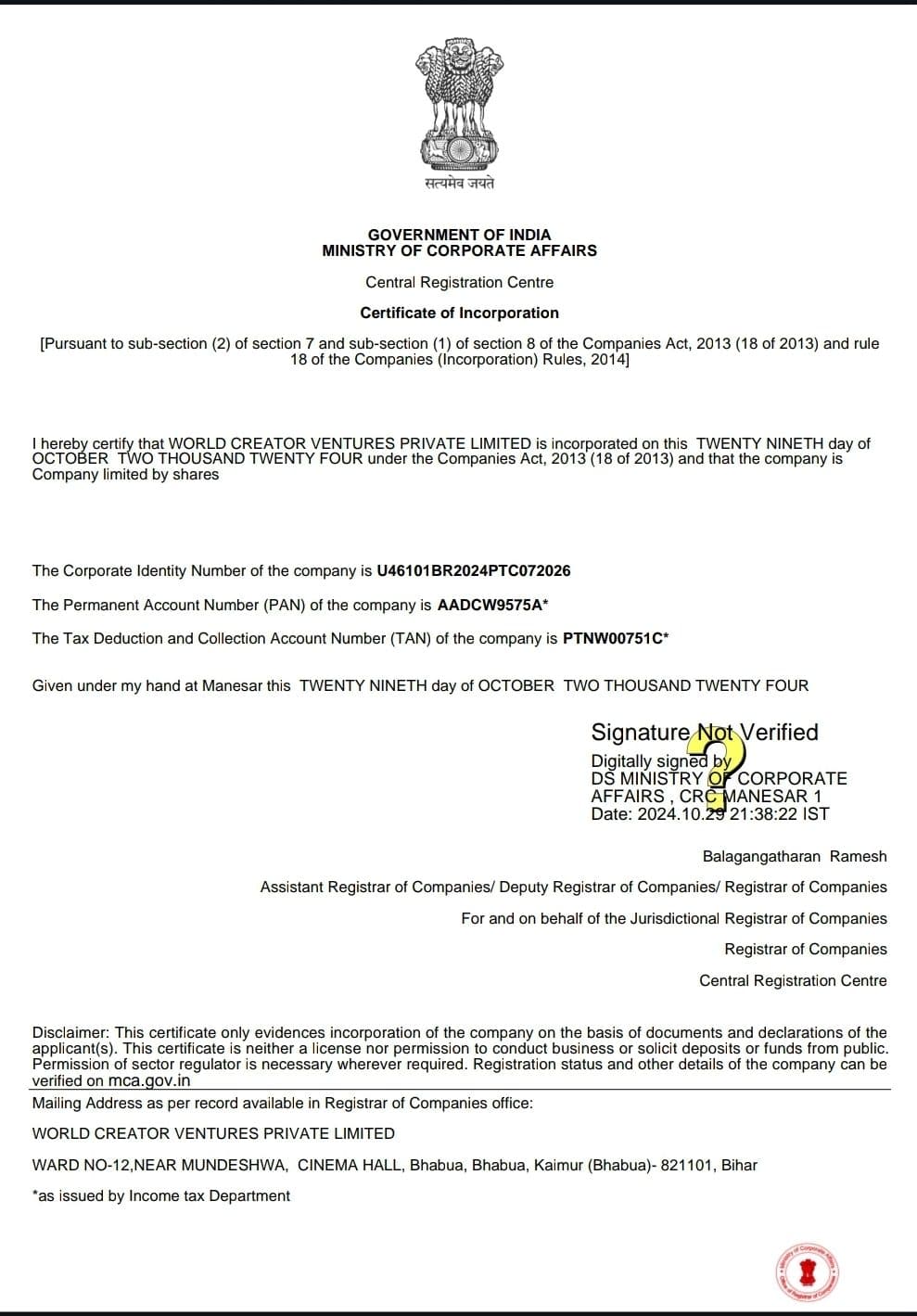 Preview of the Certificate of Incorporation