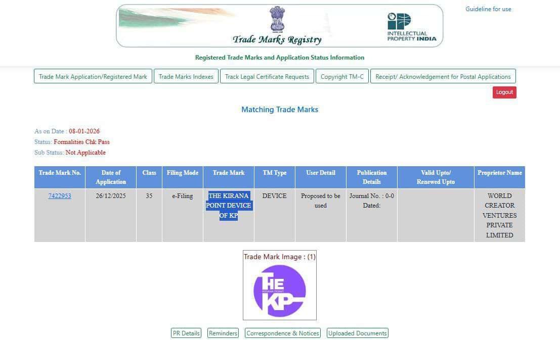 Preview of the Trademark Application — The Kirana Point