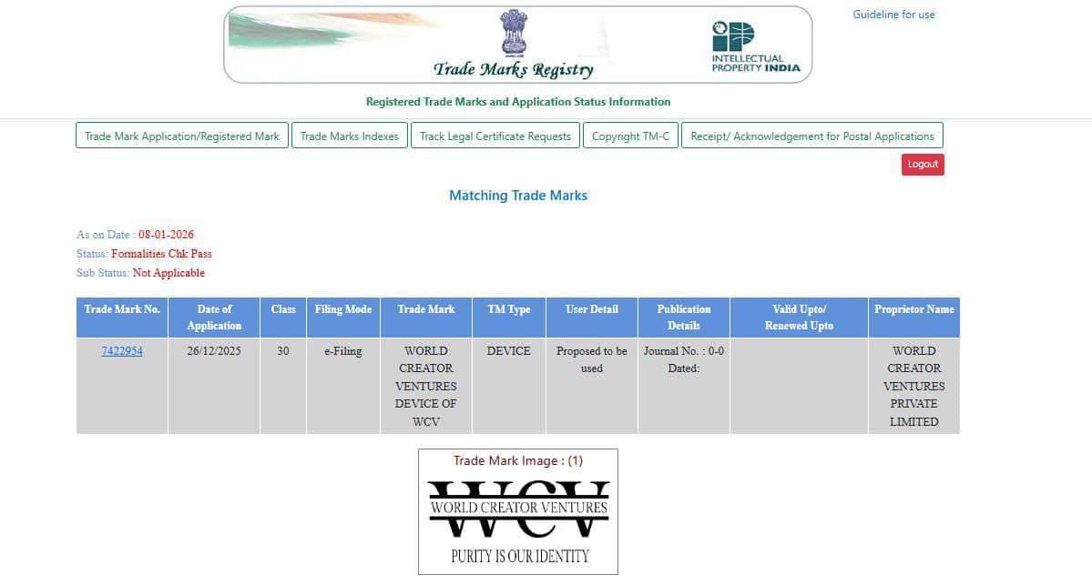Preview of the Trademark Application — World Creator Ventures